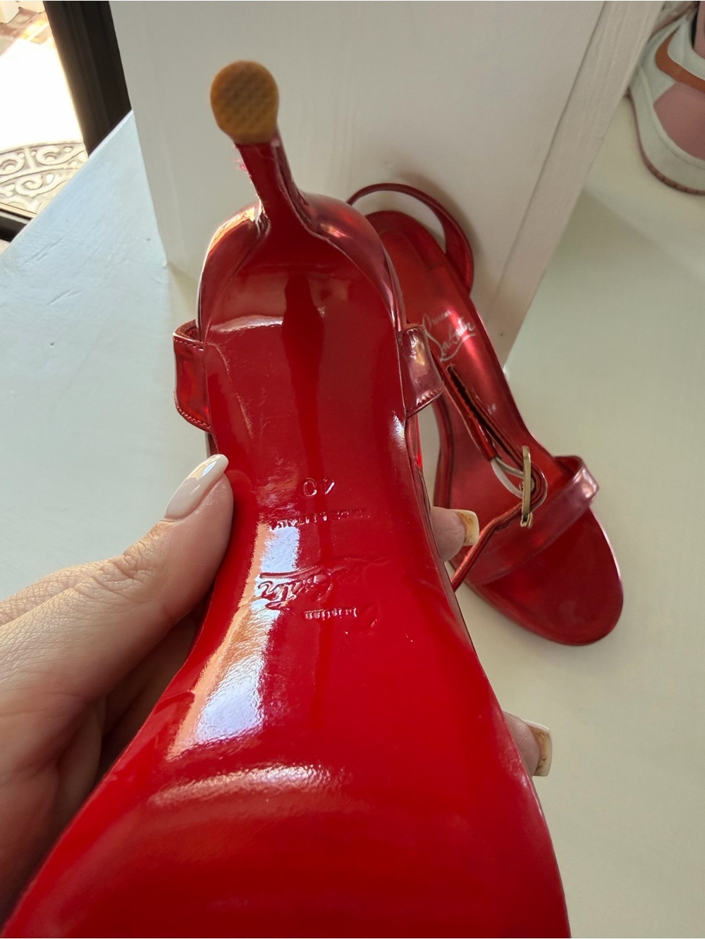 Christian Louboutin Red Patent Open-Toe Ankle-Strap Heels - Picture 4 of 6
